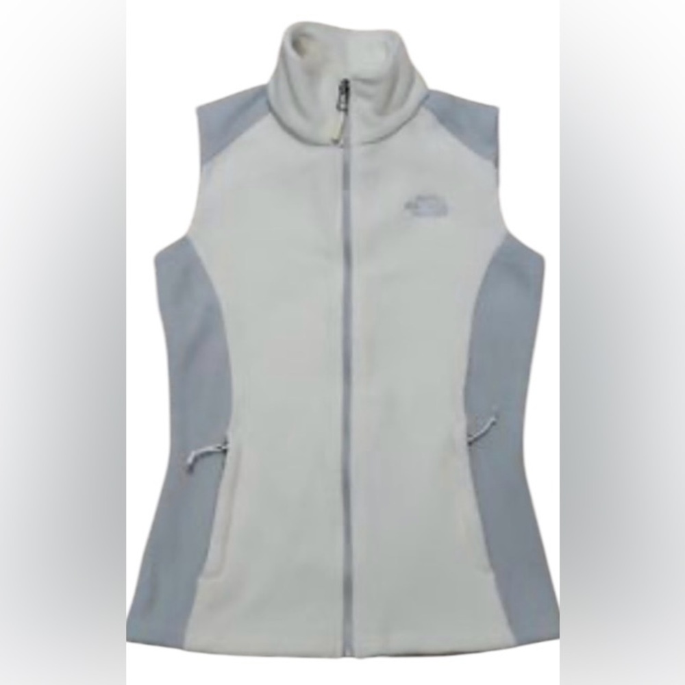 The North Face women’s small petite gray and white zip up pocketed fleece vest